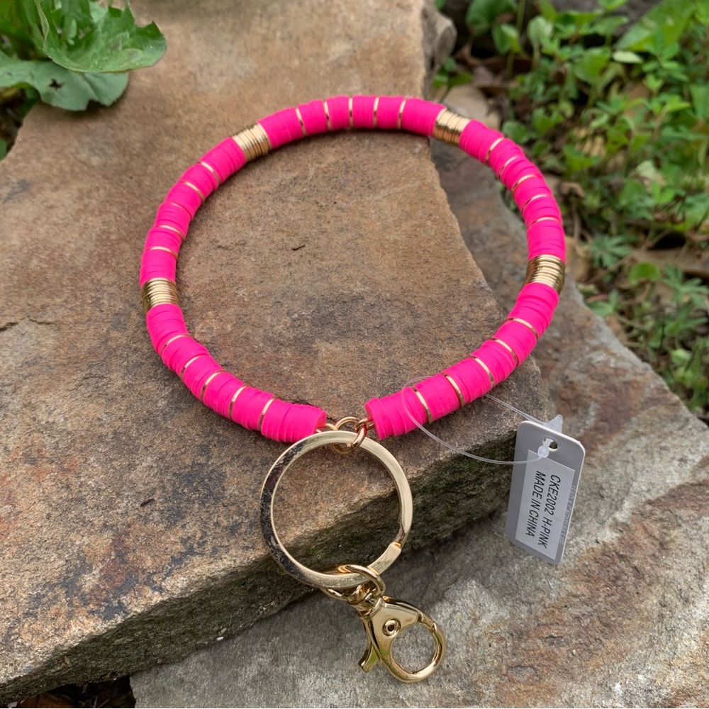 Hot Pink Heishi Bead Bangle Key Chain